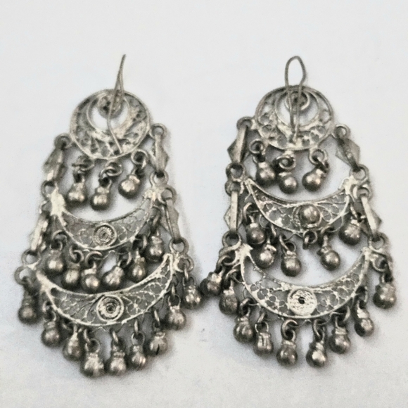 Vintage Jewelry - Vintage Handcrafted Intricate Ethnic Design Elegant Silver Chandelier Earrings